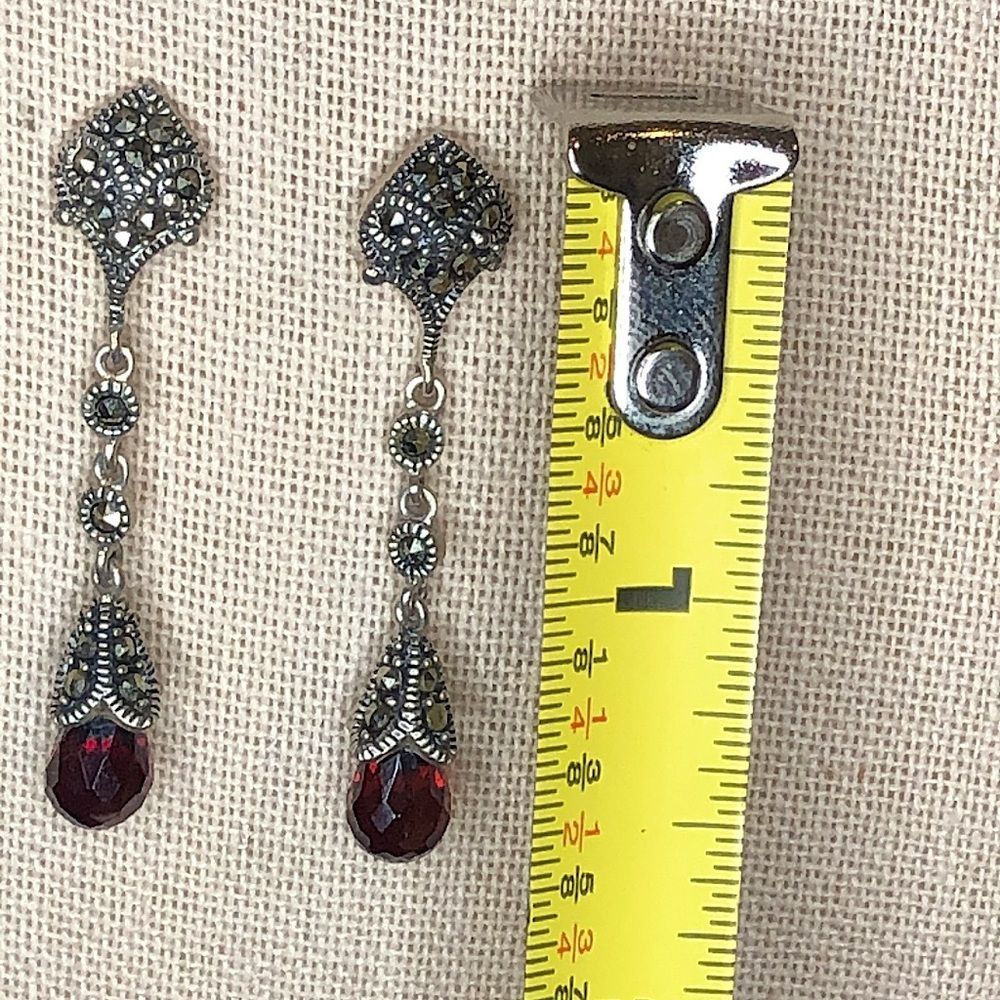 Vintage Red Garnet and Marcasite Long Drop Dangle Sterling Silver Earrings - Picture 6 of 14